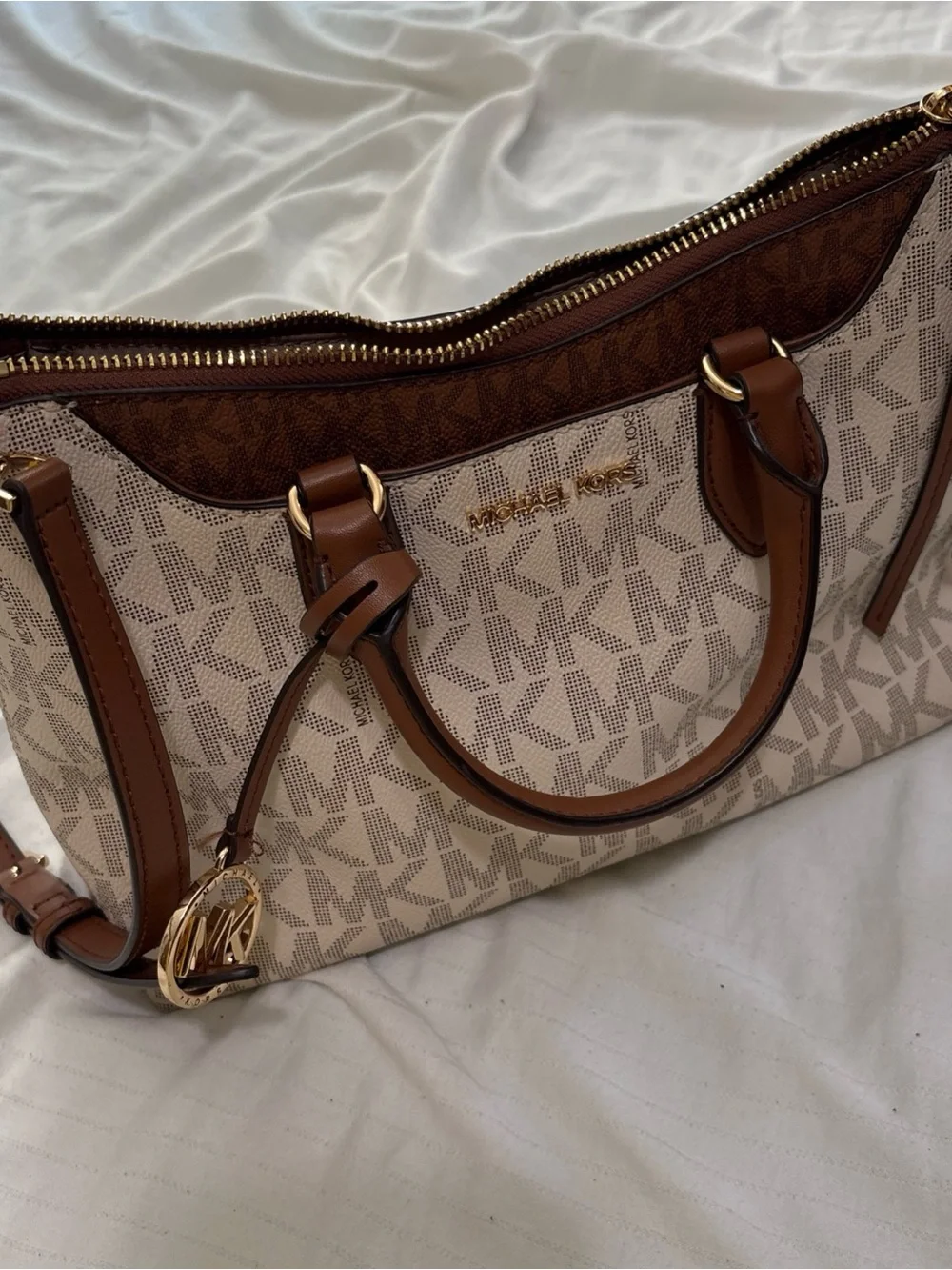 Michael Kors Beige Logo Satchel with Brown Trim and Gold Hardware